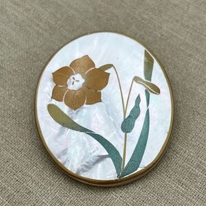 Vintage mother of pearl fliral inlay gold tone signed brooch/pendant